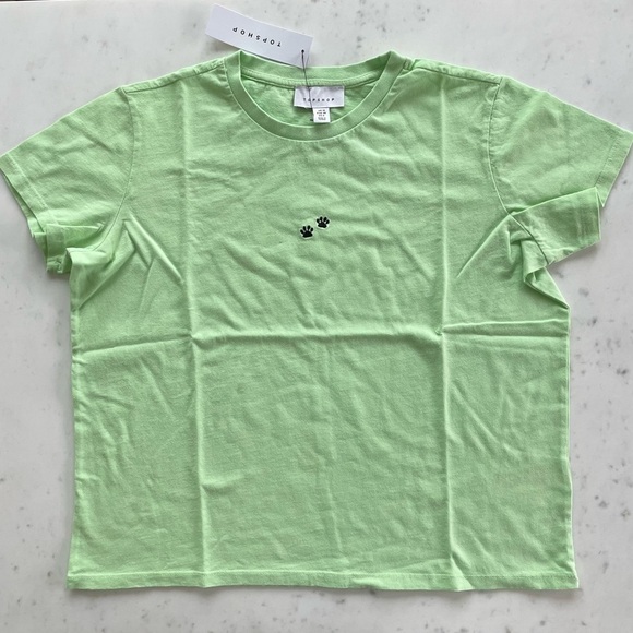 NWT Topshop Embroidered Paw Prints Green Cropped Tee - Picture 1 of 3